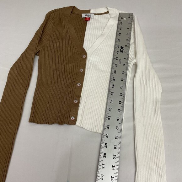 Tommy Hilfiger Womens Two-Tone Ribbed Knit Button-Up Cardigan Tan/White size S - Picture 6 of 9